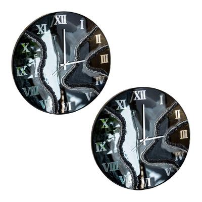 Kit 2 Relógios De Parede Grande 60cm Luxo - Fundo Preto Com Prata
