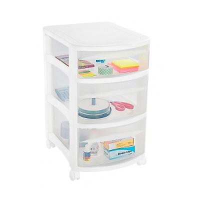 Gaveteiro Plástico Retangular com 3 Gavetas com Rodízios Branco Transparente