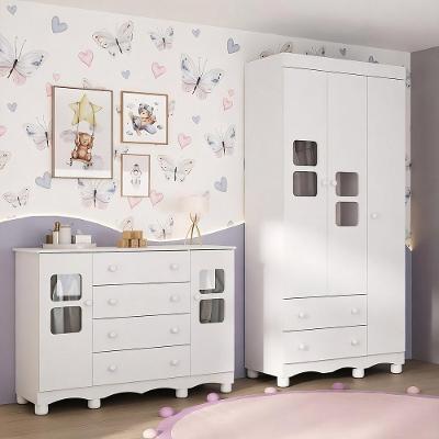 Quarto De Bebê Completo Com Guarda-roupas 3 Portas E Cômoda Luna Multimóveis Mp4798 Branco