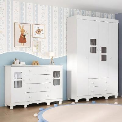 Quarto De Bebê Completo Com Guarda-roupas 4 Portas E Cômoda Luna Multimóveis Mp4797 Branco
