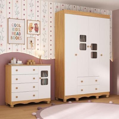 Quarto De Bebê Completo Com Guarda-roupas 4 Portas E Cômoda Luna Multimóveis Mp4794 Madeirado/branco