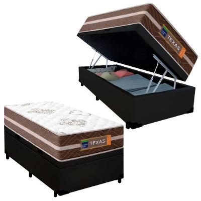 Cama Box Baú Solteiro Sintético + Colchão Molas Ensacadas Texas Prime Colchões 88cm - Suporta Até 120 Kg Por Pessoa