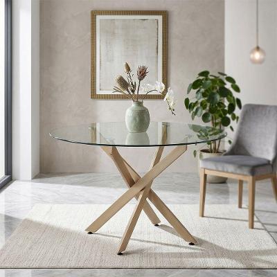 Mesa De Jantar Lara Base Aço Carbono Tampo 120cm Vidro 10mm Redondo 4 Lugares Chic Sala - Bronze