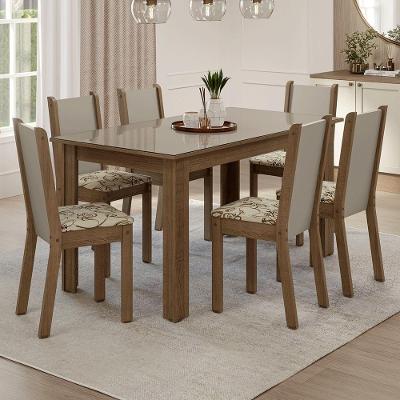 Conjunto Sala De Jantar Elóra Mesa Tampo De Vidro 6 Cadeiras Rustic/crema/lírio Bege Madesa Rustic/crema/lírio Bege