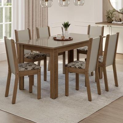 Conjunto Sala De Jantar Elóra Mesa Tampo De Vidro 6 Cadeiras Rustic/crema/bege Marrom Madesa Rustic/crema/bege Marrom