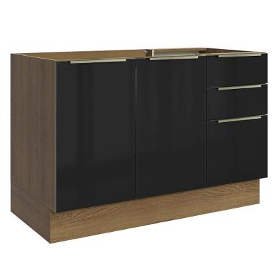 Balcão Gabinete De Pia 120 Cm 2 Portas 3 Gavetas (sem Tampo) Rustic/preto Lux Madesa Rustic/preto