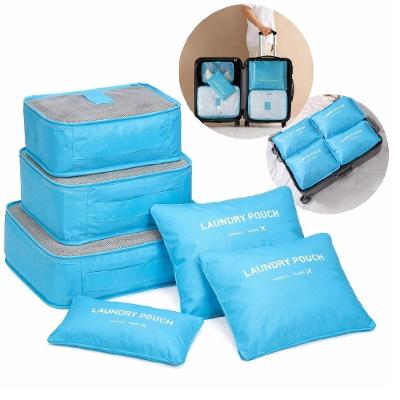 Jogo Organizador De Malas 6 Peças Azul Kit Bolsa Viagem Necessaire Porta Roupas Sapato Calcinha Biquini Acessorios Ziper