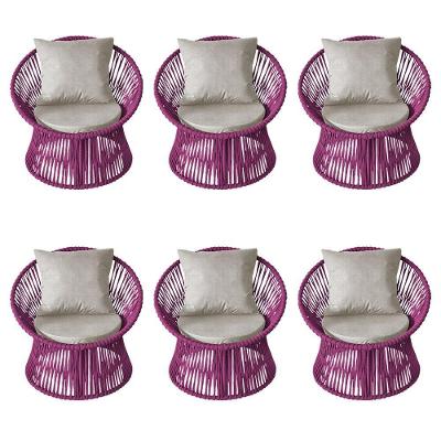 Kit 6 Poltronas Estofada Sol Com Almofada Em Corda Náutica E Base Em Alumínio Preta-rosa