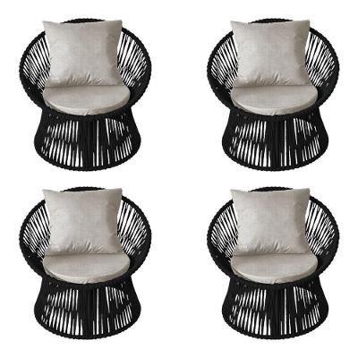 Kit 4 Poltronas Estofada Sol Com Almofada Em Corda Náutica E Base Em Alumínio Preta-preta