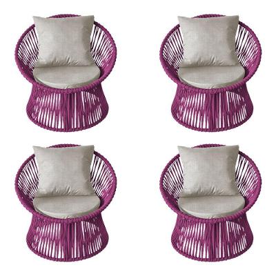 Kit 4 Poltronas Estofada Sol Com Almofada Em Corda Náutica E Base Em Alumínio Preta-rosa