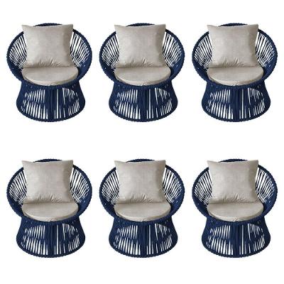 Kit 6 Poltronas Estofada Sol Com Almofada Em Corda Náutica E Base Alumínio Preta-azul Marinho