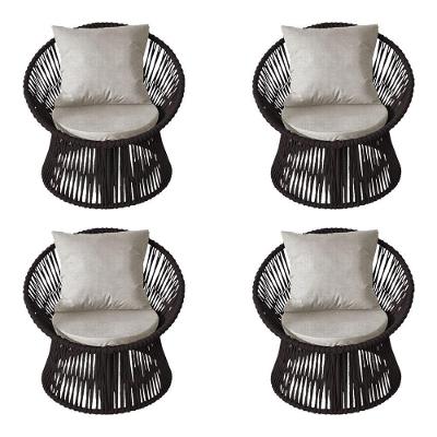 Kit 4 Poltronas Estofada Sol Com Almofada Em Corda Náutica E Base Alumínio Preta-marrom