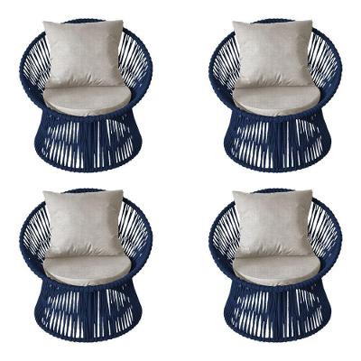 Kit 4 Poltronas Estofada Sol Com Almofada Em Corda Náutica E Base Alumínio Preta-azul Marinho