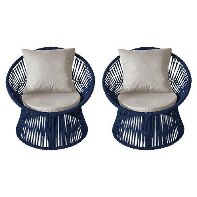 Kit 2 Poltronas Estofada Sol Com Almofada Em Corda Náutica E Base Alumínio Preta-azul Marinho