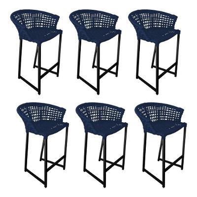 Kit 6 Banquetas Reis Em Corda Náutica E Base Em Alumínio Preta Para área Gourmet Azul Marinho