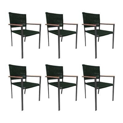 Kit 6 Cadeiras Piracicaba Corda Náutica Braço Com Detalhe Em Madeira Base Alumínio Preto-verde Musgo