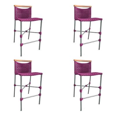 Kit 4 Banquetas Anne Em Corda Náutica Base Em Alumínio Cinza Com Detalhe Em Madeira Rosa