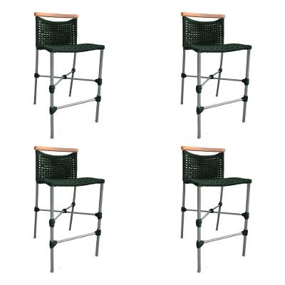 Kit 4 Banquetas Anne Em Corda Náutica Base Em Alumínio Cinza Com Detalhe Em Madeira Verde Musgo