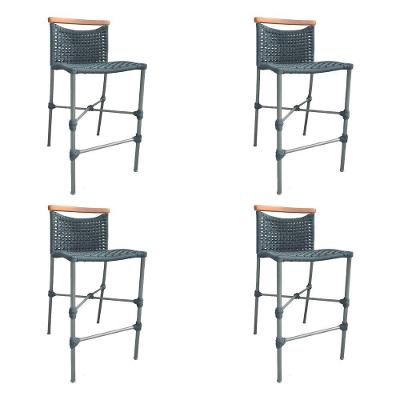 Kit 4 Banquetas Anne Em Corda Náutica Base Em Alumínio Cinza Com Detalhe Em Madeira Cinza