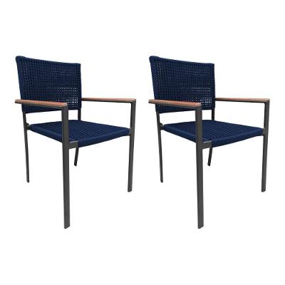 Kit 2 Cadeiras Piracicaba Corda Náutica Braço Com Detalhe Em Madeira Base Alumínio Preto-azul Marinh