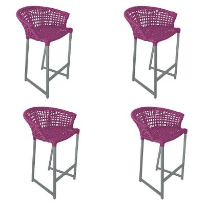 Kit 4 Banquetas Reis Em Corda Náutica E Base Em Alumínio Cinza Para área Gourmet - Externa Rosa