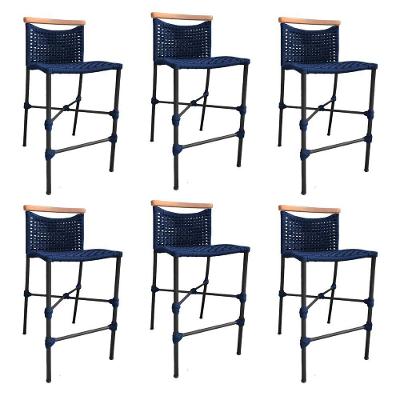 Kit 6 Banquetas Anne Em Corda Náutica Base Em Alumínio Preta Com Detalhe Em Madeira Azul Marinho