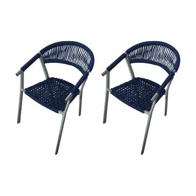 Kit 2 Cadeiras Decorativa Joana Em Corda Náutica E Base Em Alumínio Cinza-azul Marinho