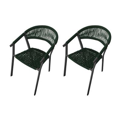 Kit 2 Cadeiras Decorativa Joana Em Corda Náutica E Base Em Alumínio Preta - Verde Musgo