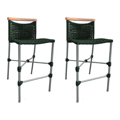 Kit 2 Banquetas Anne Em Corda Náutica Base Em Alumínio Cinza Com Detalhe Em Madeira Verde Musgo