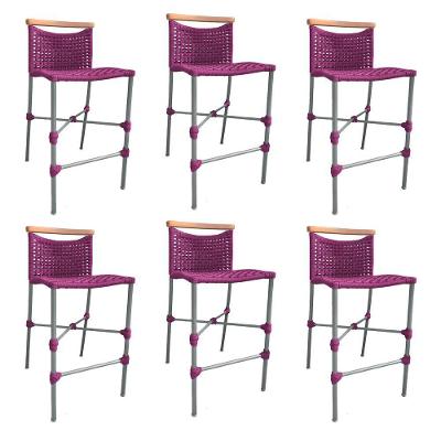 Kit 6 Banquetas Anne Em Corda Náutica Base Em Alumínio Cinza Com Detalhe Em Madeira Rosa