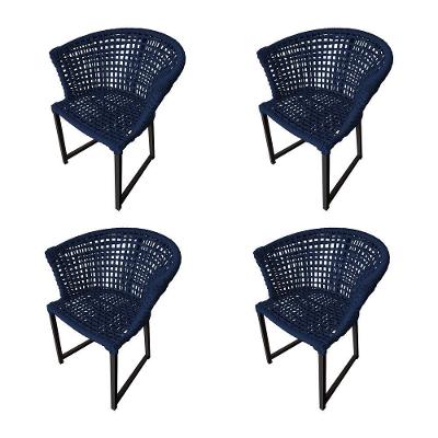 Kit 4 Cadeiras Salinas Corda Náutica Base Em Alumínio Preto-azul Marinho