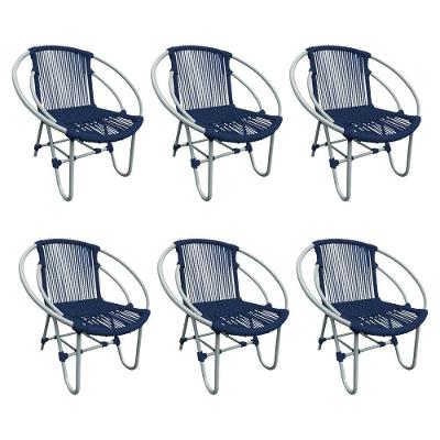 Kit 6 Cadeiras Decorativa Julia Em Corda Náutica E Base Em Alumínio Cinza- Azul Marinho