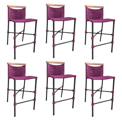 Kit 6 Banquetas Anne Em Corda Náutica Base Em Alumínio Preta Com Detalhe Em Madeira Rosa
