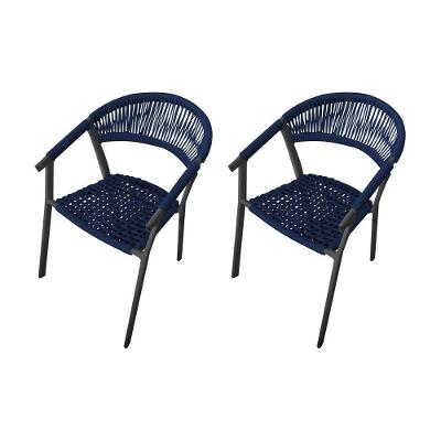 Kit 2 Cadeiras Decorativa Joana Em Corda Náutica E Base Em Alumínio Preta - Azul Marinho
