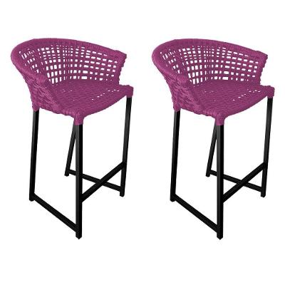 Kit 2 Banquetas Reis Em Corda Náutica E Base Em Alumínio Preta Para área Gourmet - Externa Rosa