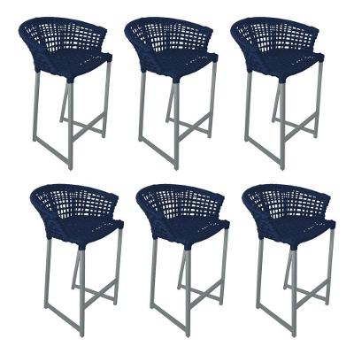 Kit 6 Banquetas Reis Em Corda Náutica E Base Em Alumínio Cinza Para área Gourmet Azul Marinho