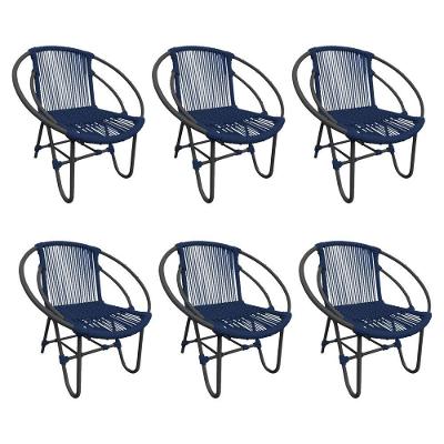 Kit 6 Cadeiras Decorativa Julia Em Corda Náutica E Base Em Alumínio Preta- Azul Marinho