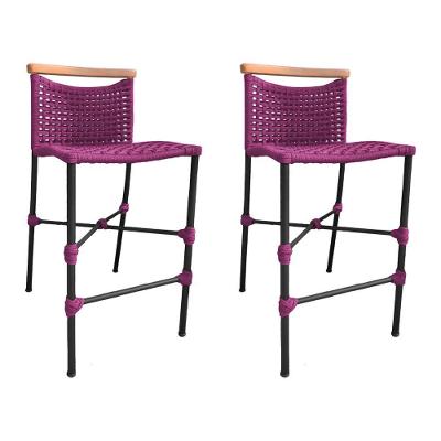 Kit 2 Banquetas Anne Em Corda Náutica Base Em Alumínio Preta Com Detalhe Em Madeira Rosa