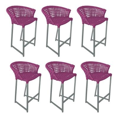 Kit 6 Banquetas Reis Em Corda Náutica E Base Em Alumínio Cinza Para área Gourmet - Externa Rosa