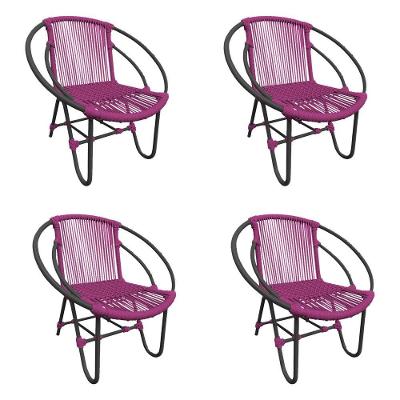 Kit 4 Cadeiras Decorativa Julia Em Corda Náutica E Base Em Alumínio Preta- Rosa
