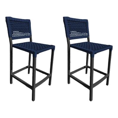 Kit 2 Banquetas França Em Corda Náutica E Base Em Alumínio Preta Para área Gourmet Azul Marinho