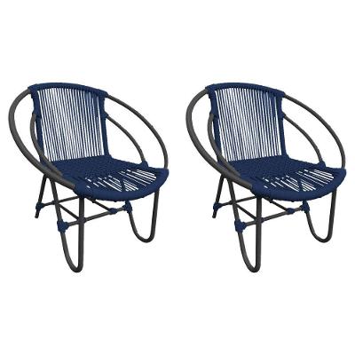 Kit 2 Cadeiras Decorativa Julia Em Corda Náutica E Base Em Alumínio Preta- Azul Marinho