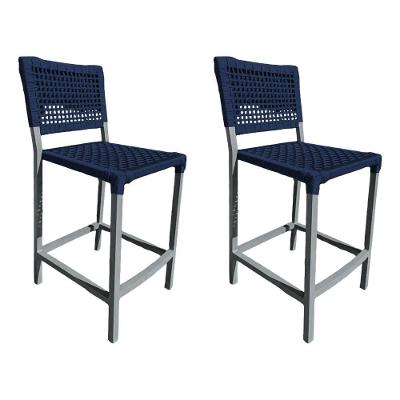 Kit 2 Banquetas França Em Corda Náutica E Base Em Alumínio Cinza Para área Gourmet Azul Marinho