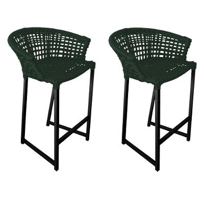 Kit 2 Banquetas Reis Em Corda Náutica E Base Em Alumínio Preta Para área Gourmet Verde Musgo