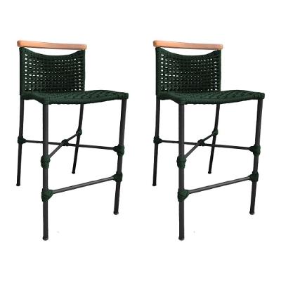 Kit 2 Banquetas Anne Em Corda Náutica Base Em Alumínio Preta Com Detalhe Em Madeira Verde Musgo
