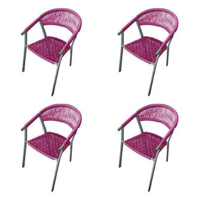 Kit 4 Cadeiras Decorativa Joana Em Corda Náutica E Base Em Alumínio Cinza -rosa