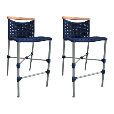 Kit 2 Banquetas Anne Em Corda Náutica Base Em Alumínio Cinza Com Detalhe Em Madeira Azul Marinho