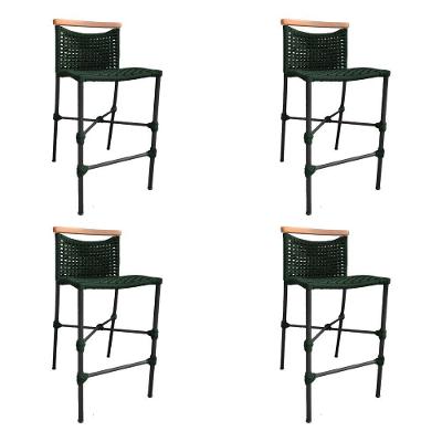Kit 4 Banquetas Anne Em Corda Náutica Base Em Alumínio Preta Com Detalhe Em Madeira Verde Musgo