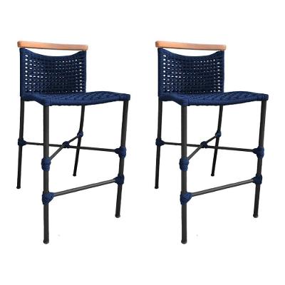 Kit 2 Banquetas Anne Em Corda Náutica Base Em Alumínio Preta Com Detalhe Em Madeira Azul Marinho