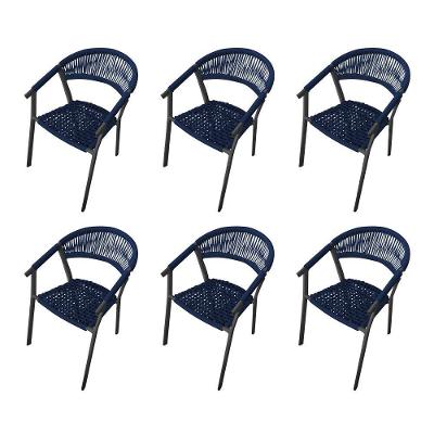 Kit 6 Cadeiras Decorativa Joana Em Corda Náutica E Base Em Alumínio Preta- Azul Marinho